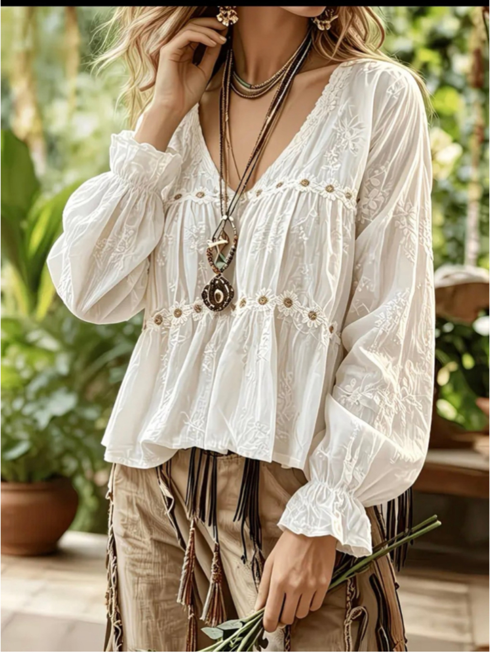 Women's Casual Top • Embroidered V-Neck • Spliced Lace Thin